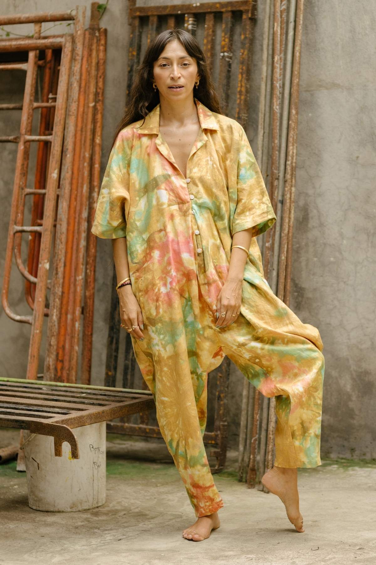 Sat Torri Golden Sunset Playsuit, botanically dyed French linen, handmade in Bali