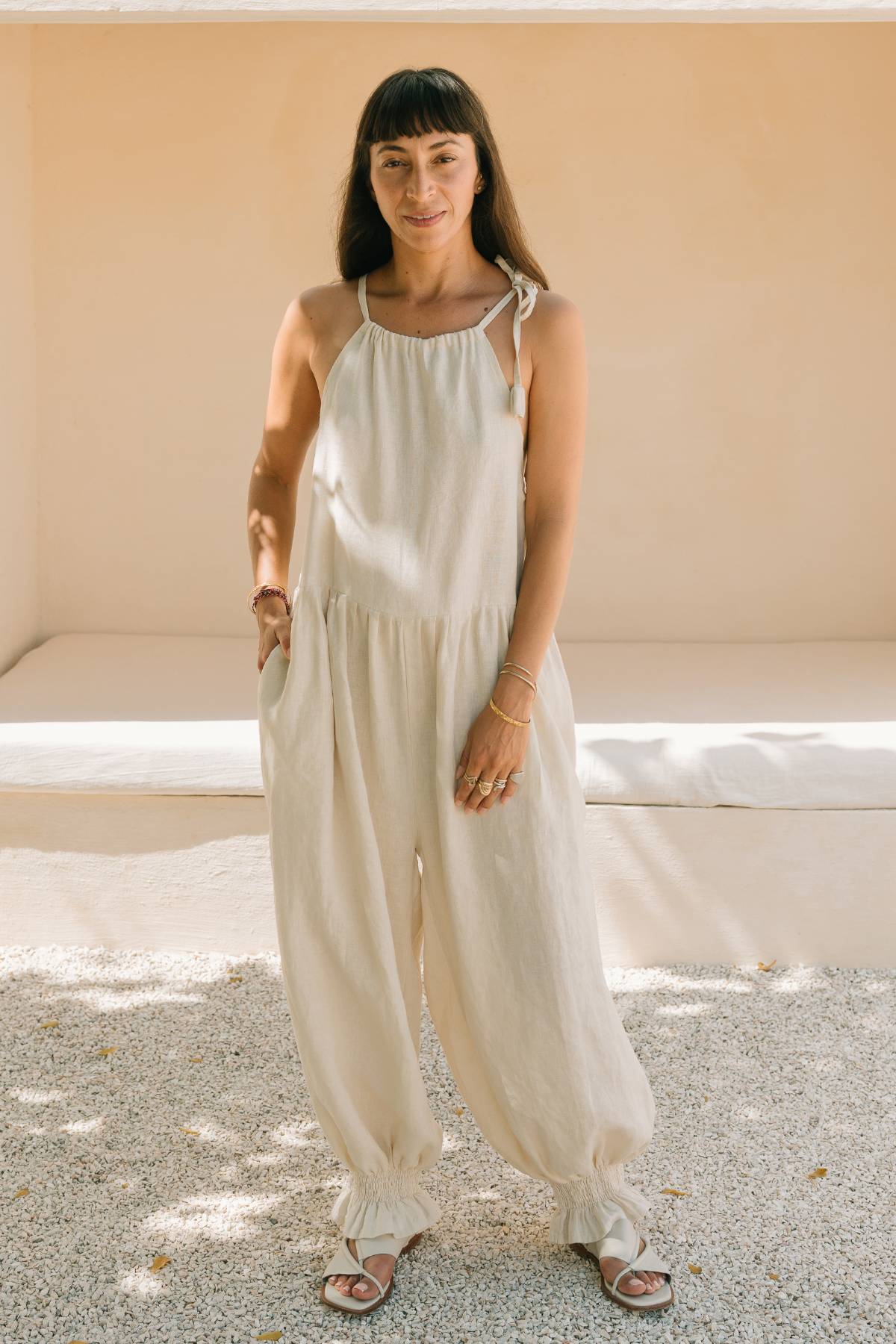 Monaya Playsuit in stone washed linen, handmade in Bali