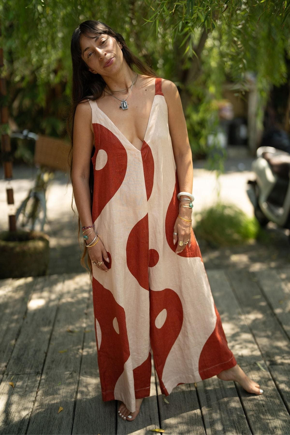 The Two Moons Kundalini Playsuit in Harvest Moon and Moon Milk linen, handmade in Bali