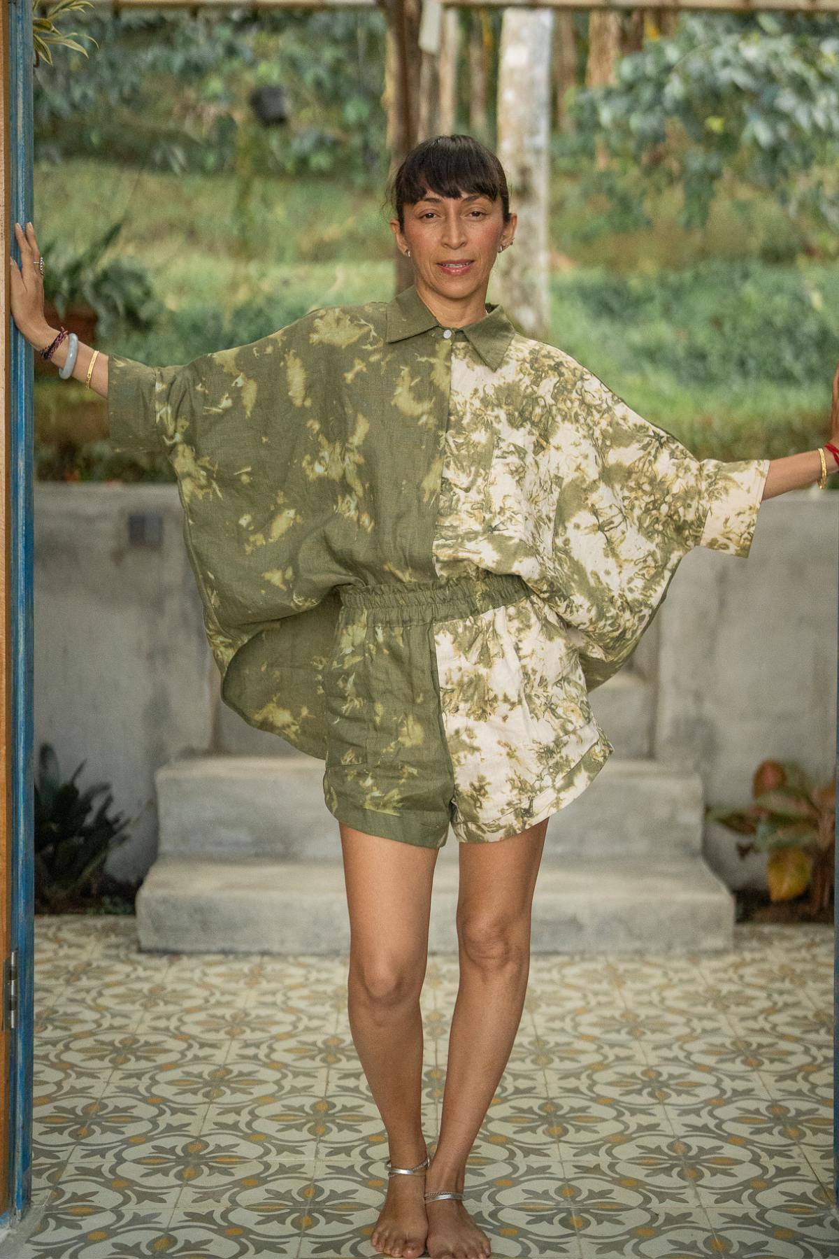 Suka Set in Tierra — oversized button shirt and wide-leg shorts in natural linen Matcha