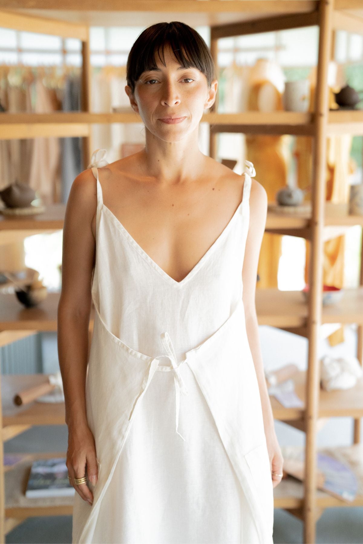 Radiant Gown (100% Linen, v neck, Off White)