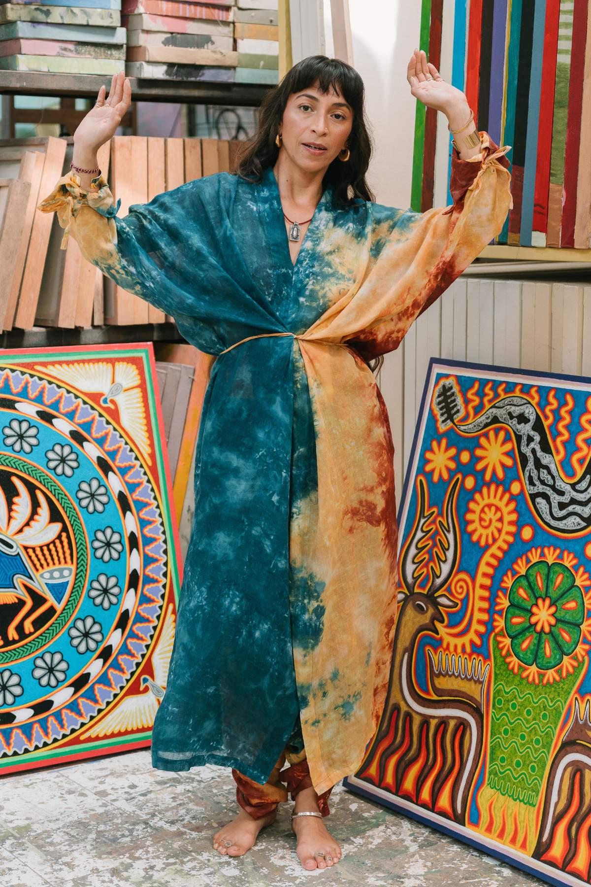 Tara Gown Mahashivrati by Myrah Penaloza — flowing ceremonial gown in Mahashivrati botanical dye, named for the goddess of compassion. Limited edition, handcrafted in Bali, small batch.