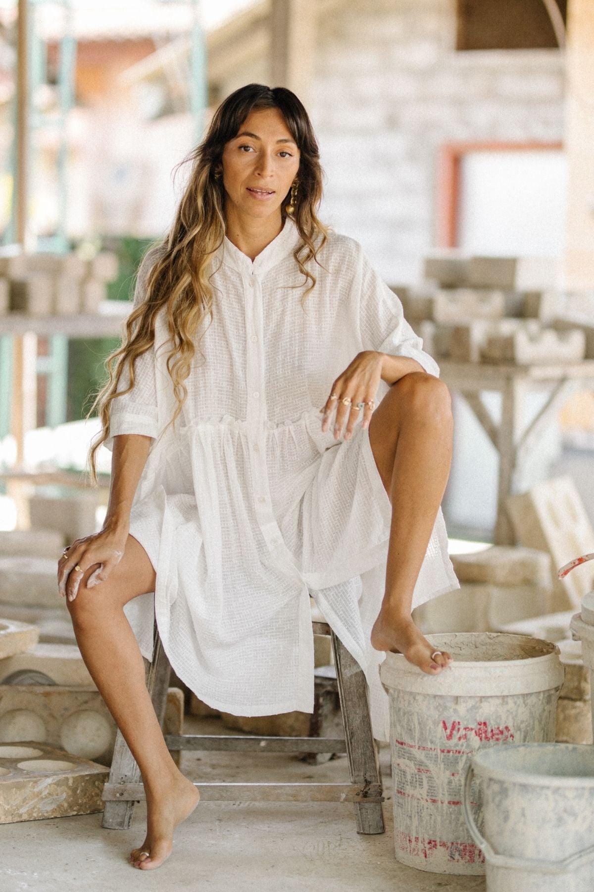Bona Dress in 100% checkered cotton by Myrah Penaloza. Short silhouette with side pockets, handcrafted in Bali.