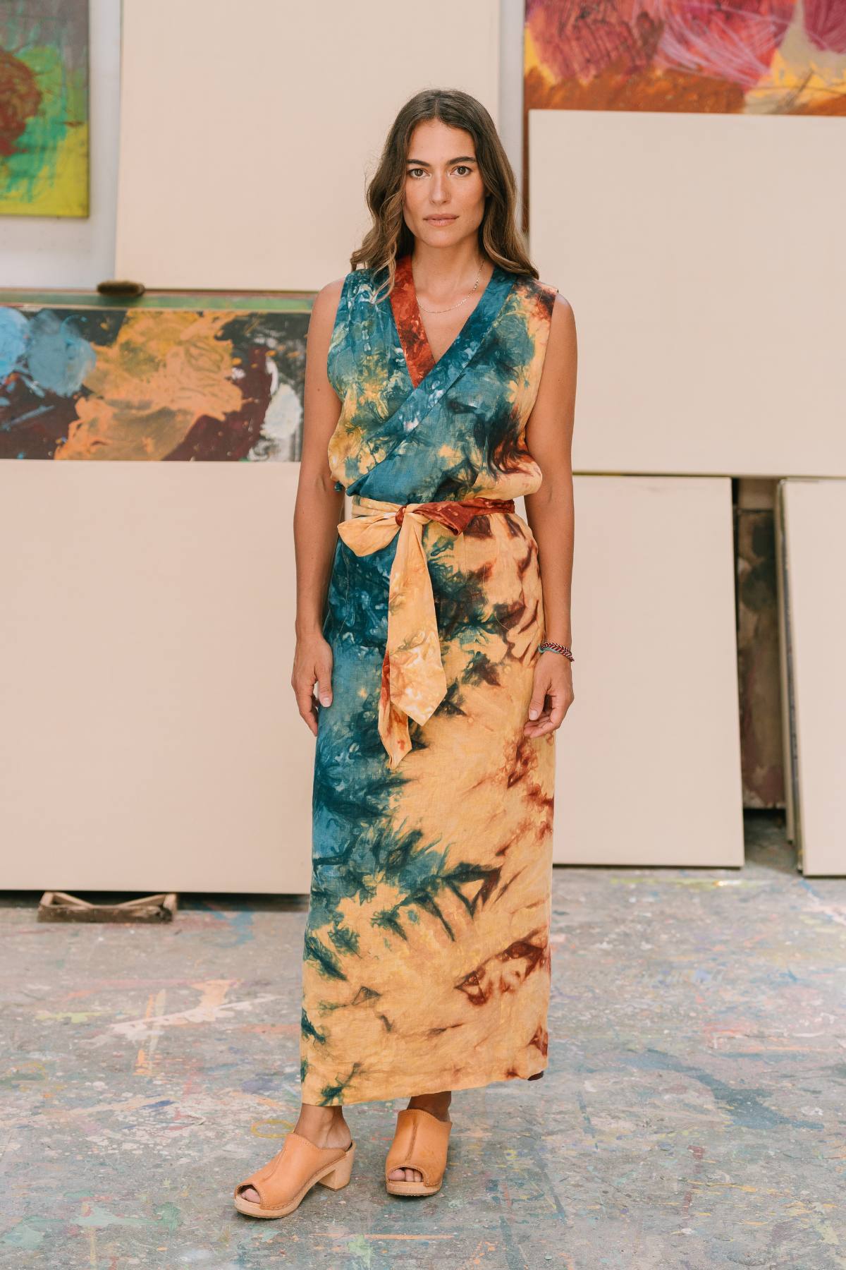 Dharma Gown Sleeveless Mahashivrati Botanical Dye by Myrah Penaloza — 100% stonewashed linen, adjustable one-size wrap. Ethically handcrafted in Bali by artisan families. Limited edition.