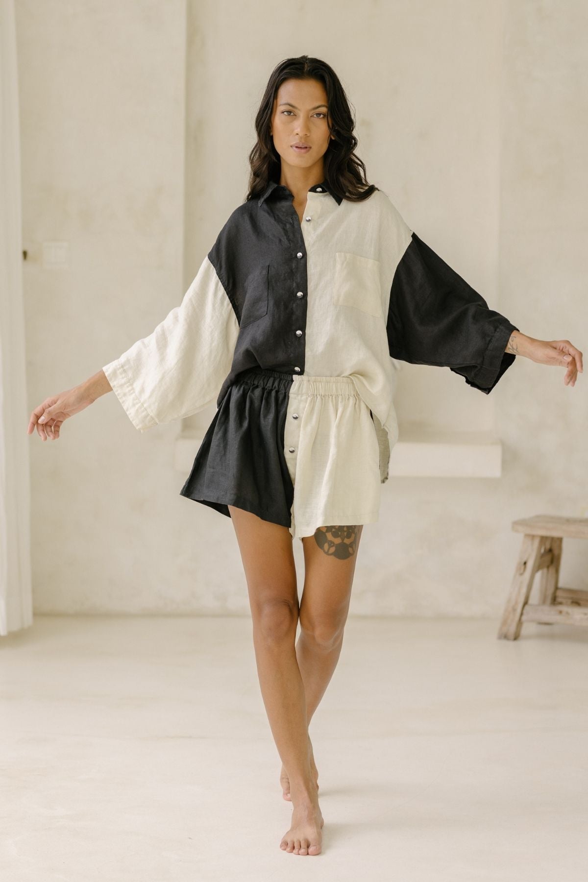 Yin Yang Nidra Button Down Top & Short or Pant Set (100% Linen)