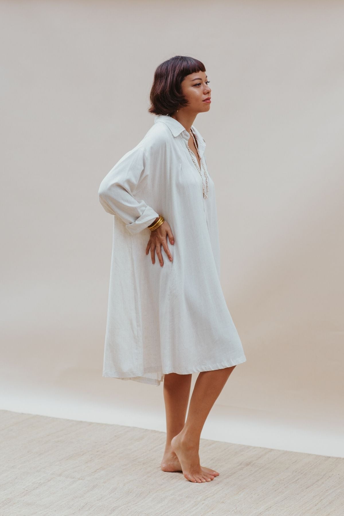 Kundalini Gown Short (Off White, Linen / Rayon Blend) (W)