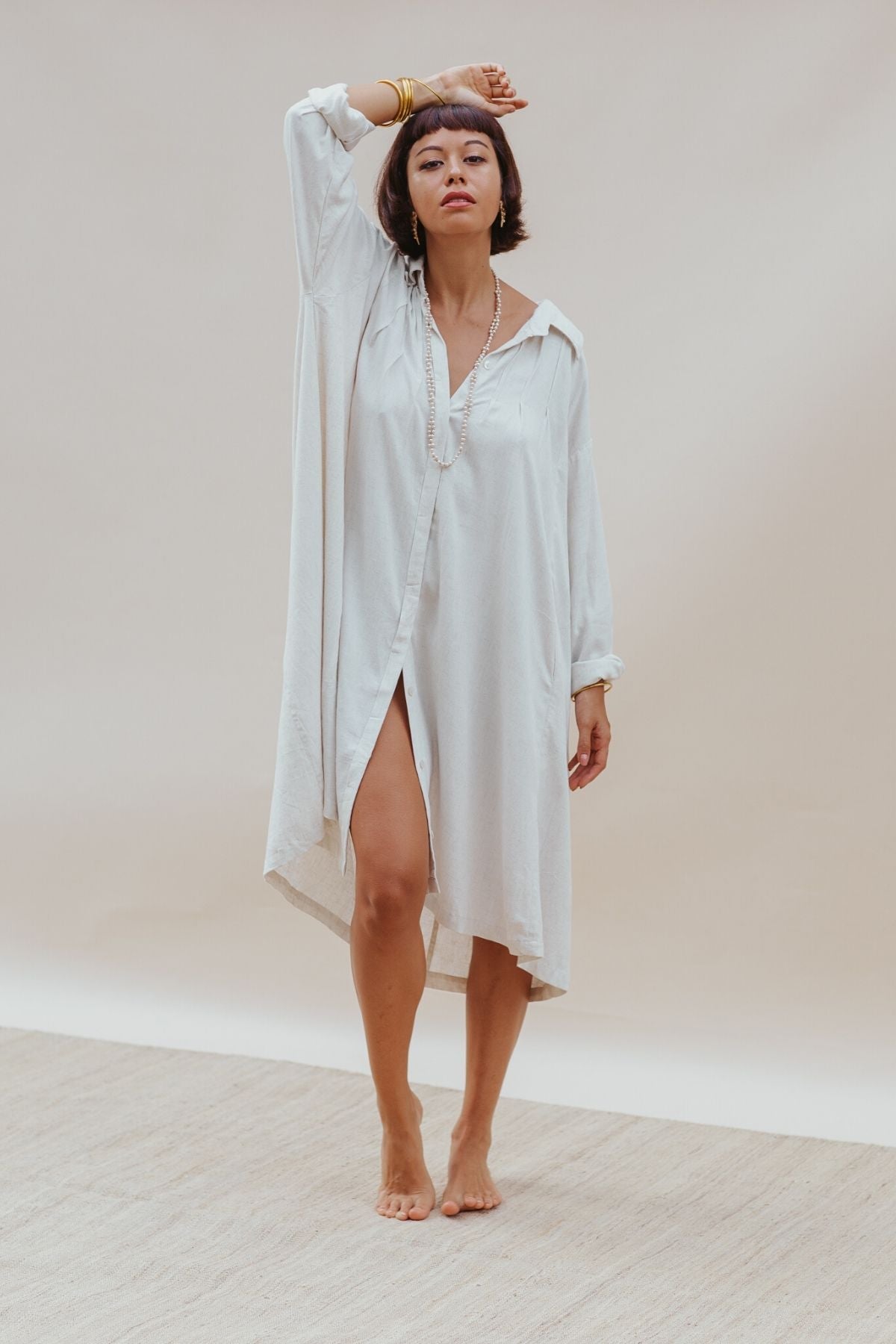 Kundalini Gown Short (Off White, Linen / Rayon Blend) (W)