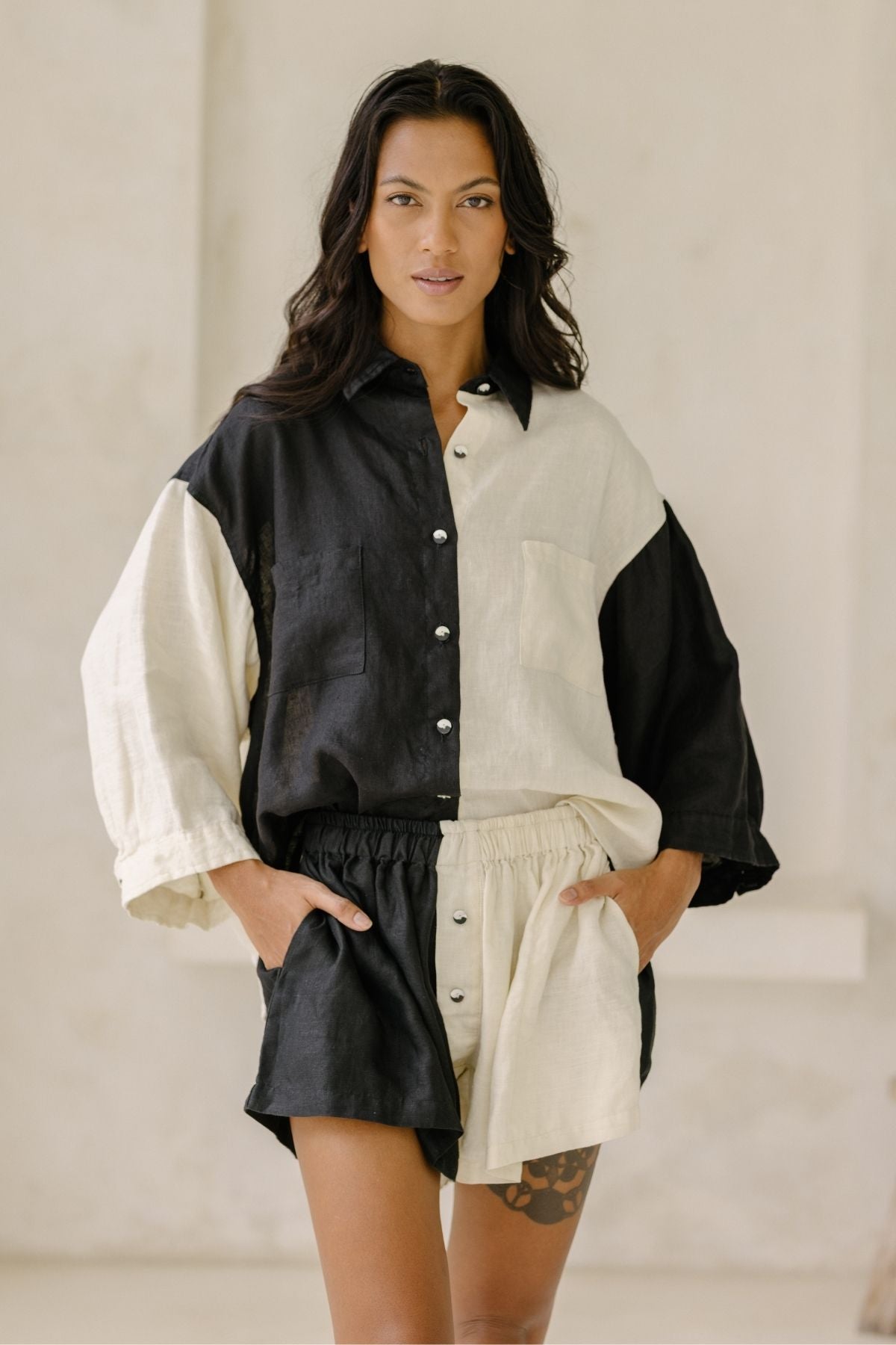 Yin Yang Nidra Button Down Top & Short or Pant Set (100% Linen)