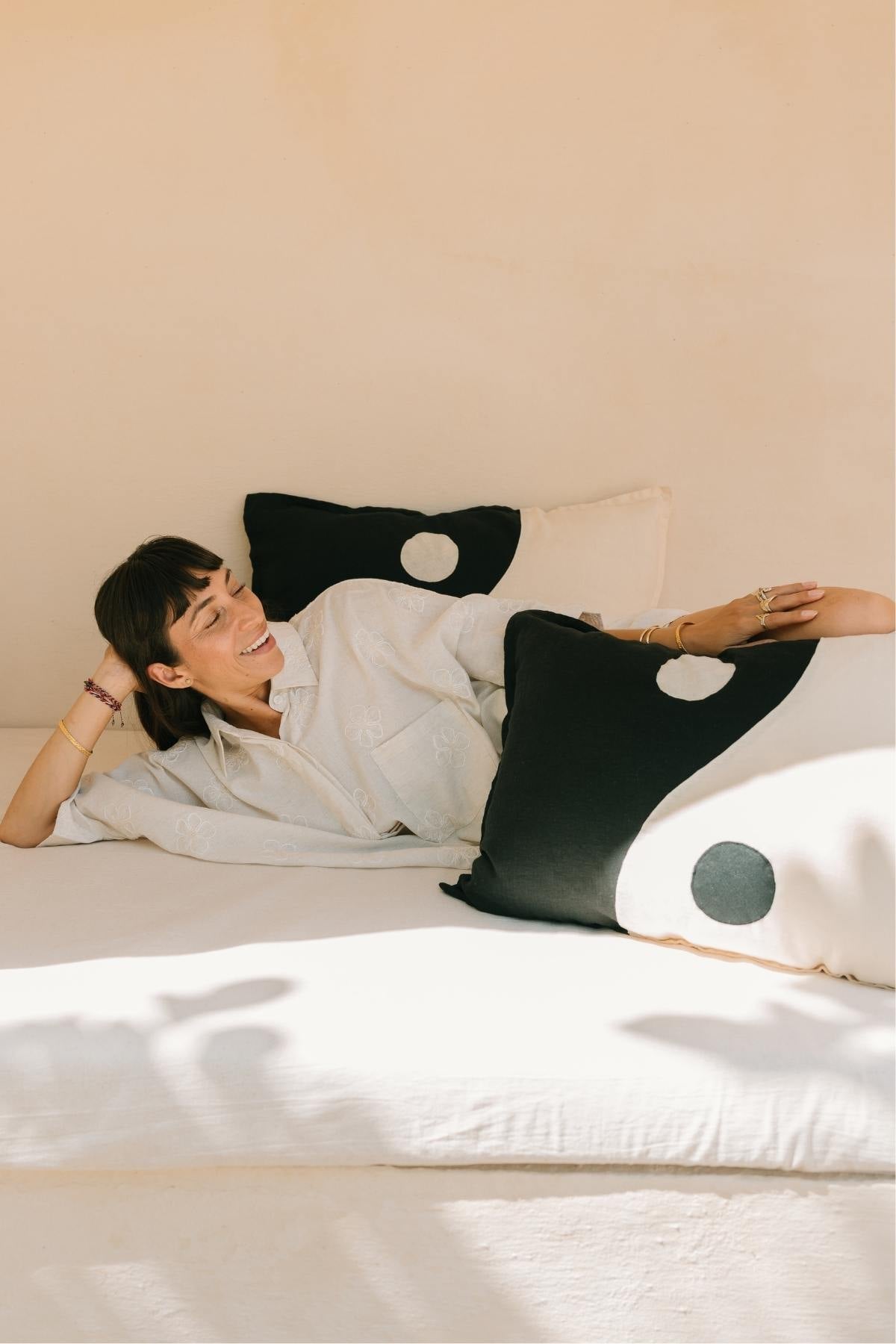 The Bali Linen Pillowcase collection by Myrah Penaloza. Stonewashed botanical-dyed linen in multiple colorways, artisan handmade in Bali.