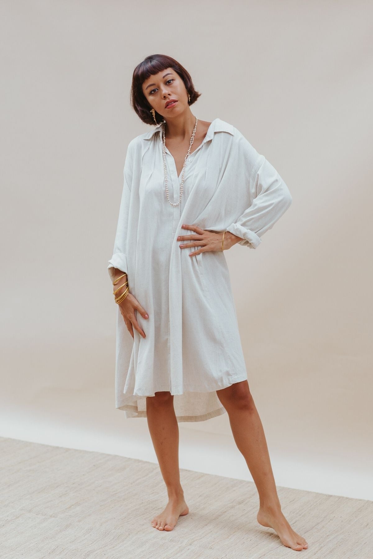 Kundalini Gown Short (Off White, Linen / Rayon Blend) (W)