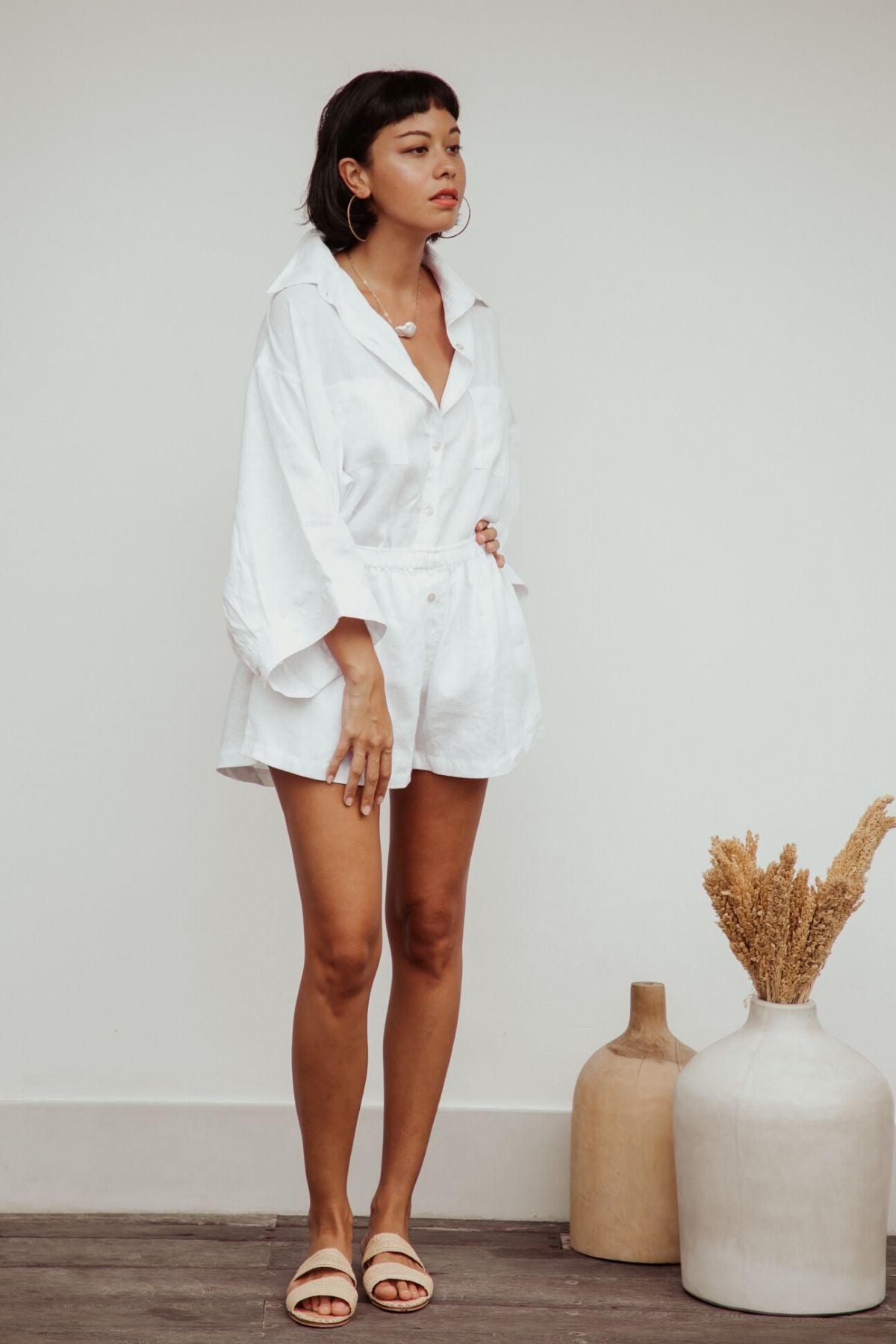 Nidra Button-Down Linen Set styled in Bali by Myrah Penaloza. Botanical dye linen matching set, slow fashion, small batch.