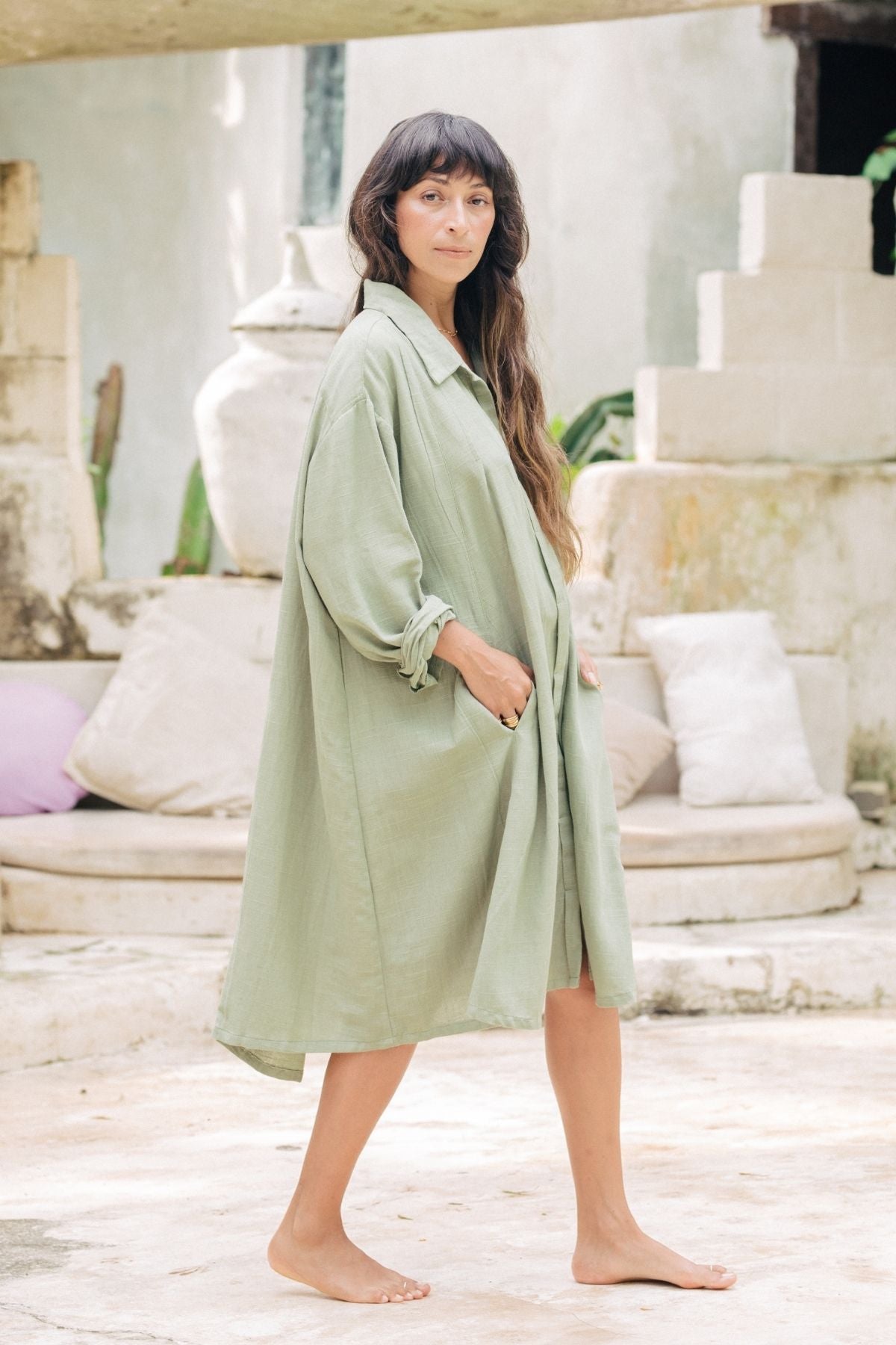 Kundalini Gown Short (Linen / Rayon) Sage Green (W)