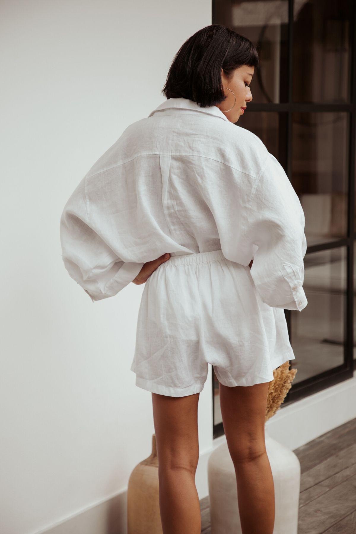 Nidra Button-Down Linen Set Yin Yang colorway by Myrah Penaloza. Natural linen two piece set, artisan handmade Bali Indonesia.
