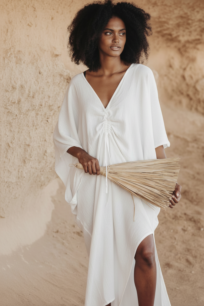Limited Edition Virgo Kaftan Off White by Myrah Penaloza. Bamboo rayon kaftan with adjustable front cinch, one size fits most, sacred feminine design.