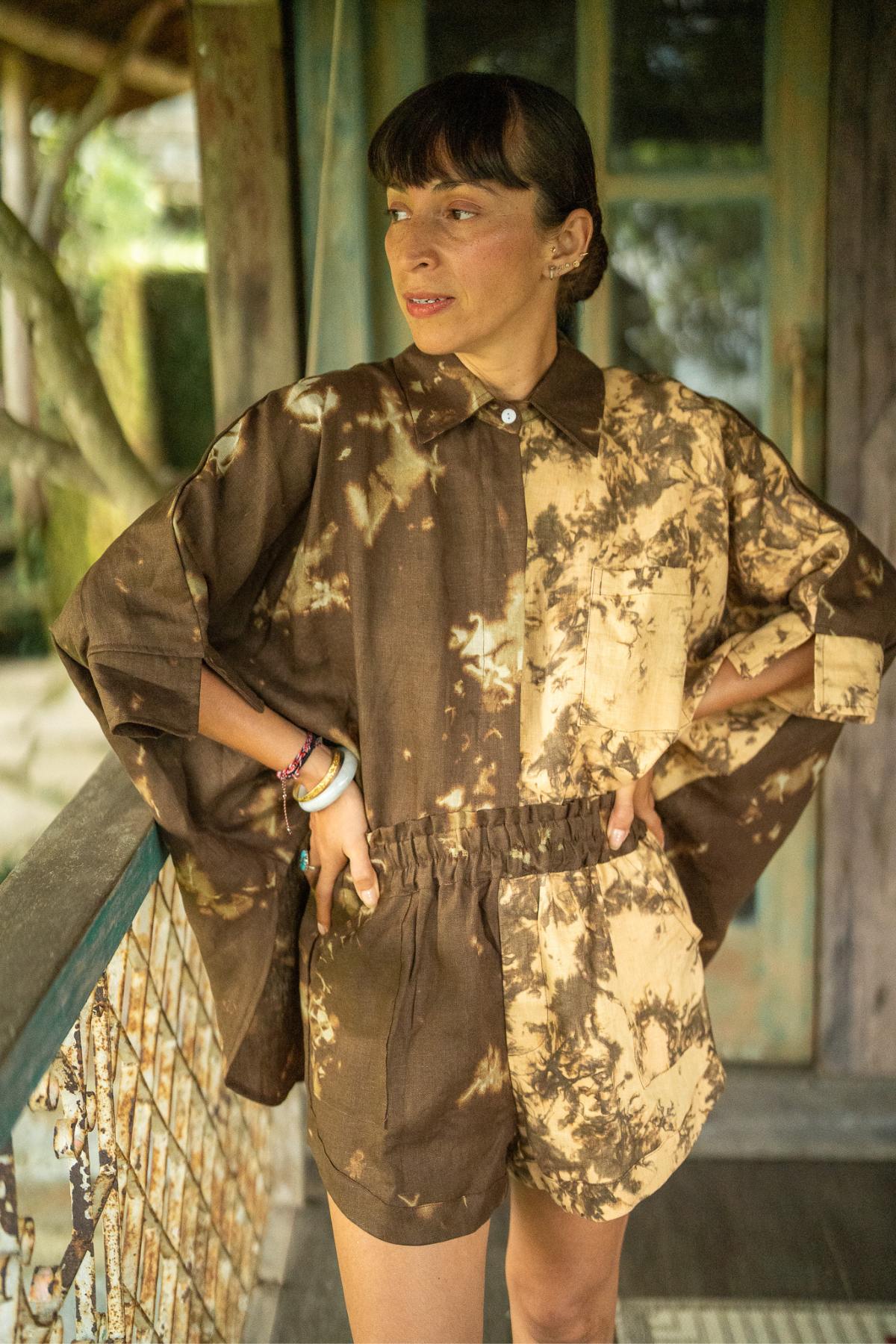 Suka Set in Tierra Cocoa — earthy botanical linen set, conscious fashion Bali