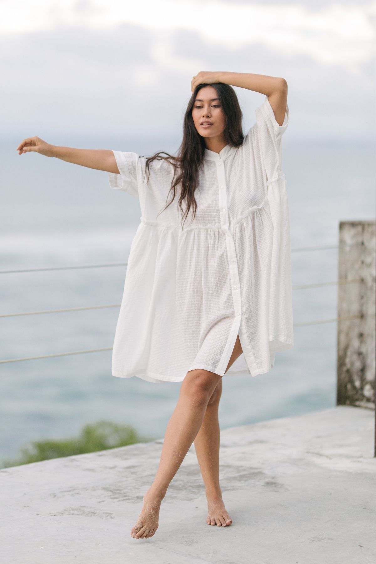 Close fabric detail of the Bona Dress Short Cotton by Myrah Penaloza in cotton, handcrafted in Bali by artisan families.