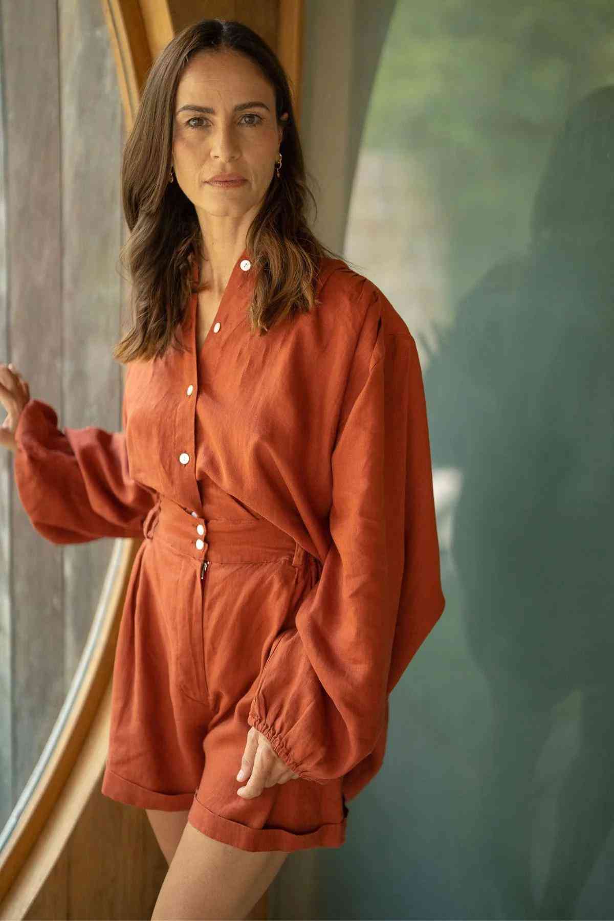 Close fabric detail of the Rice Linen Top - Harvest Moon by Myrah Penaloza in linen, handcrafted in Bali by artisan families.