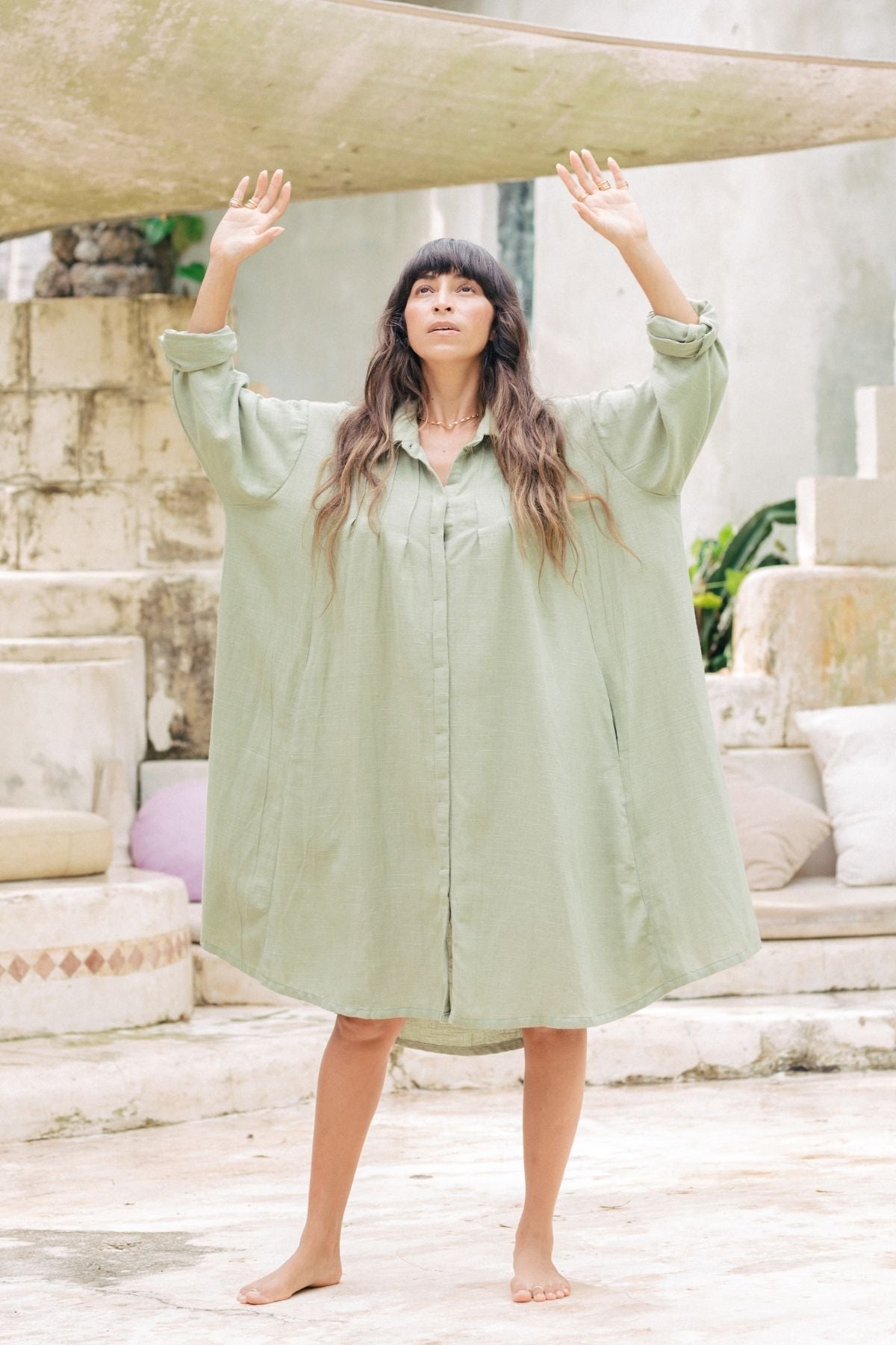 Kundalini Gown Short (Linen / Rayon) Sage Green (W)