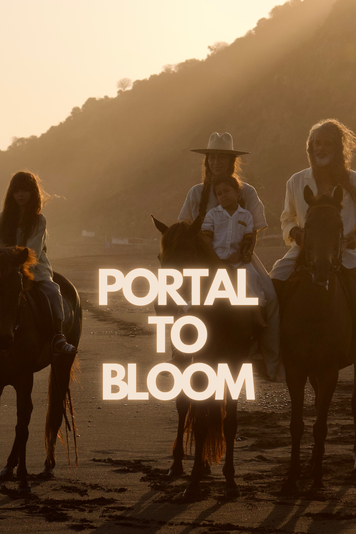 A group of people riding horses on a beach at sunset beautifully captures the essence of the BLOOM INTO ABUNDANCE journey. The sun casts a warm glow, and hills rise in the distance, while "Portal To Bloom 1 Year Membership" from Myrah Penaloza stands prominently at the center, evoking a sense of serenity similar to the transformative power of Kundalini Yoga.