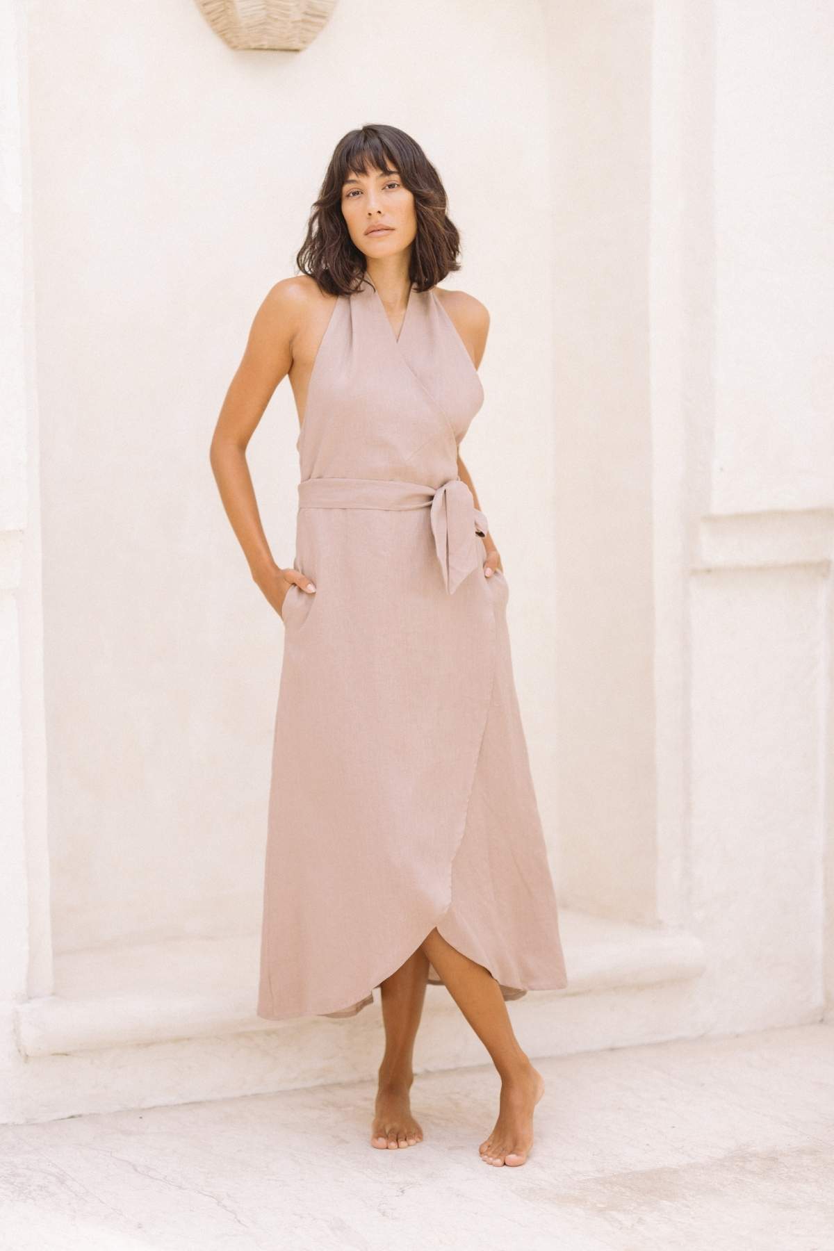 Raya Wrap Dress (100% Linen, Lavender)