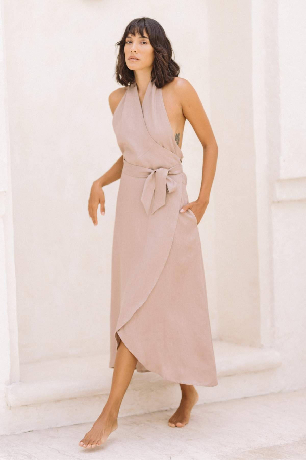 Raya Wrap Dress (100% Linen, Lavender)