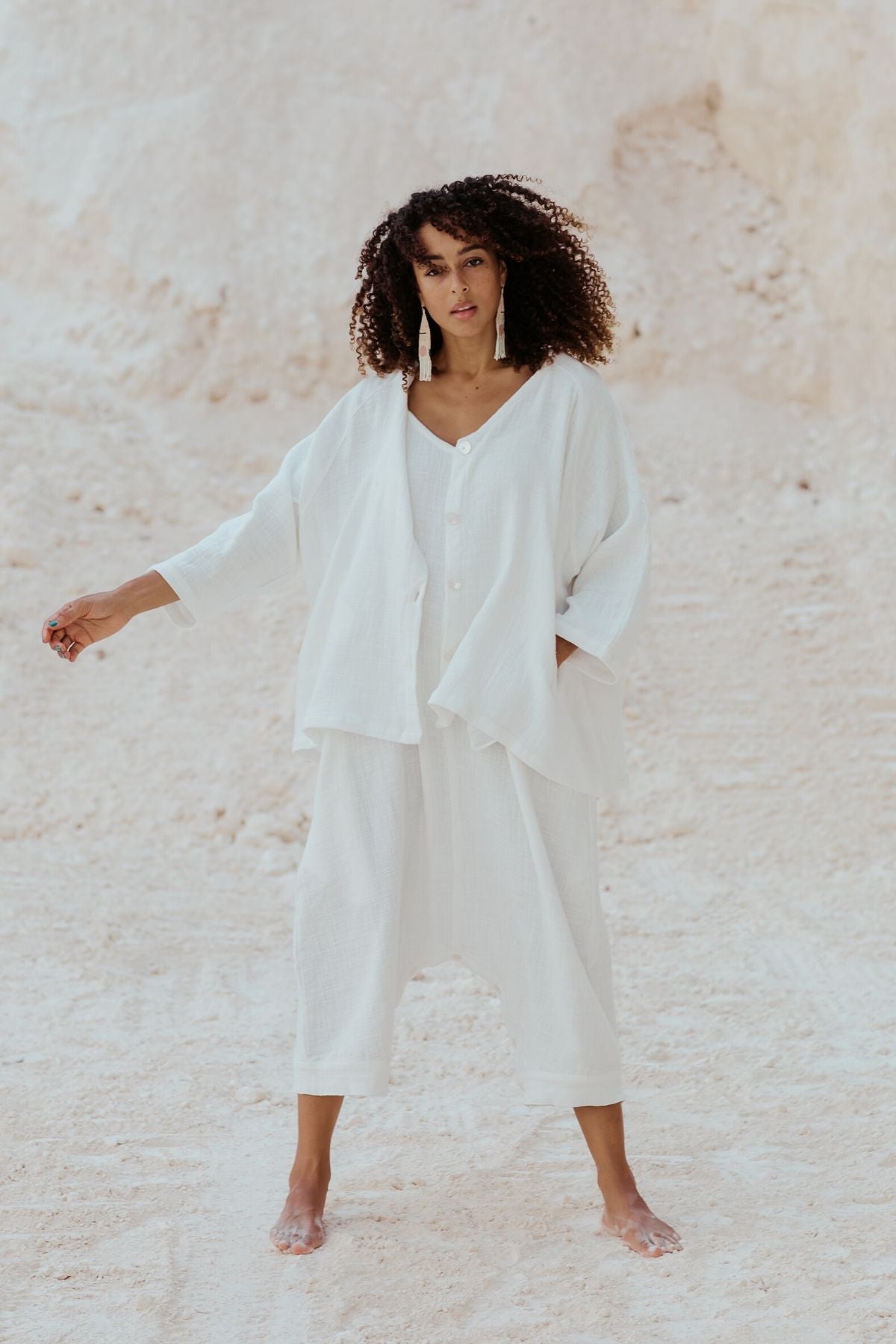 White Golden Chain Jacket by Myrah Penaloza — 100% double cotton structured jacket with golden chain detail. Sacred feminine fashion handcrafted in Bali. Pairs with the Golden Chain Romper.
