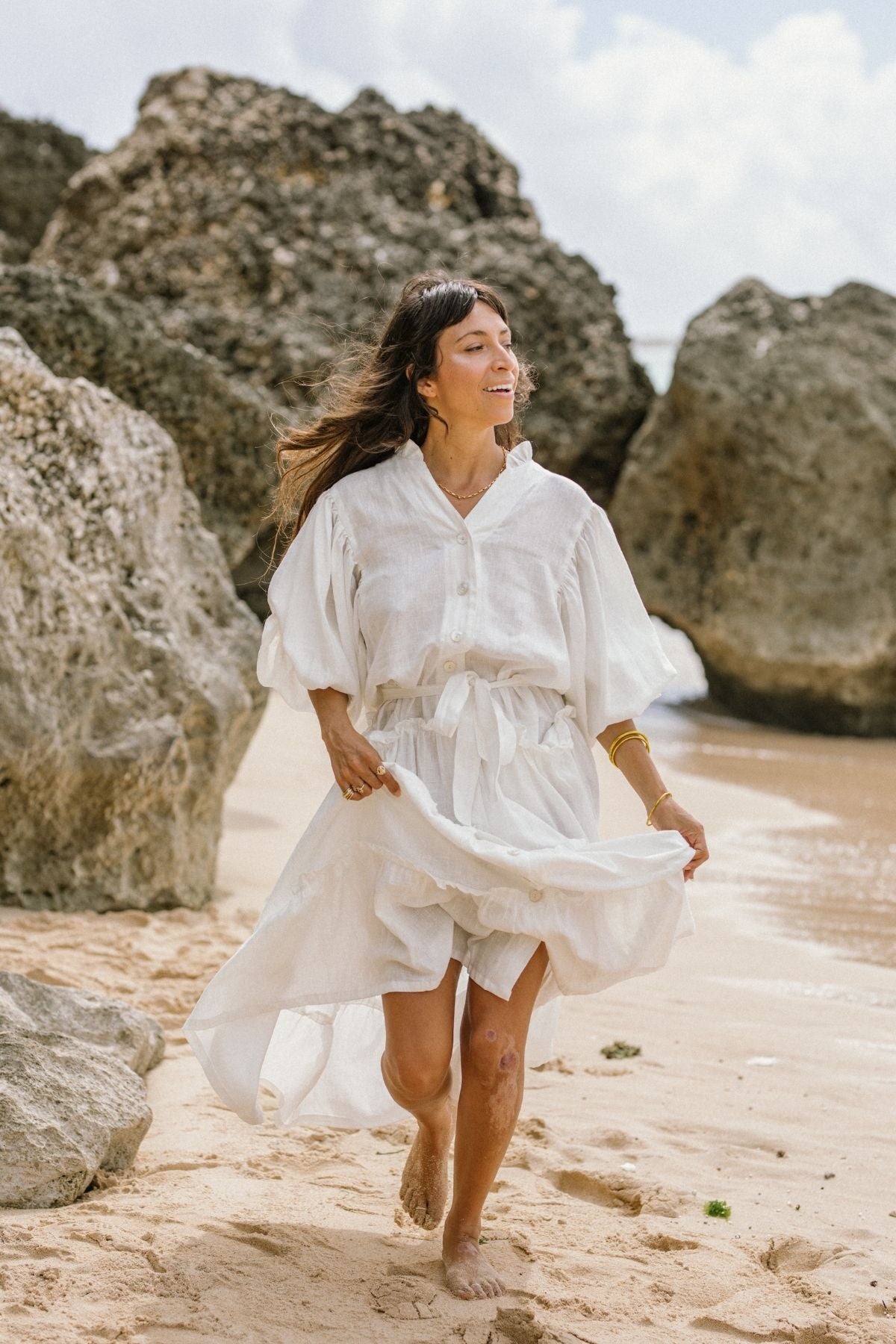 Layered styling of the La Dama with collar by Myrah Penaloza in linen, handcrafted in Bali by artisan families.