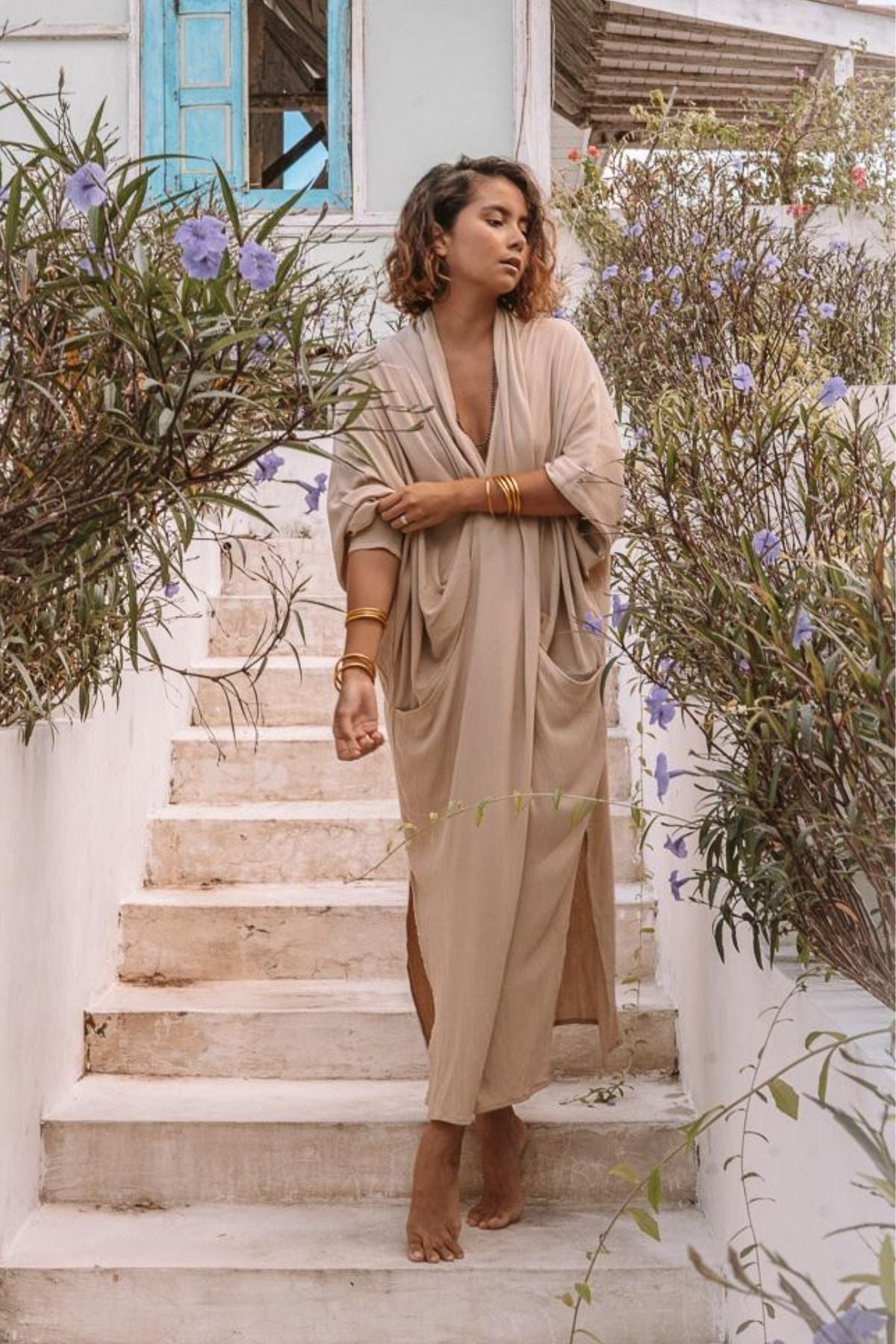 Amma Gown Limited Edition Spring Clay back view by Myrah Penaloza. Flowing bamboo rayon gown with criss-cross neckline, made in Bali.