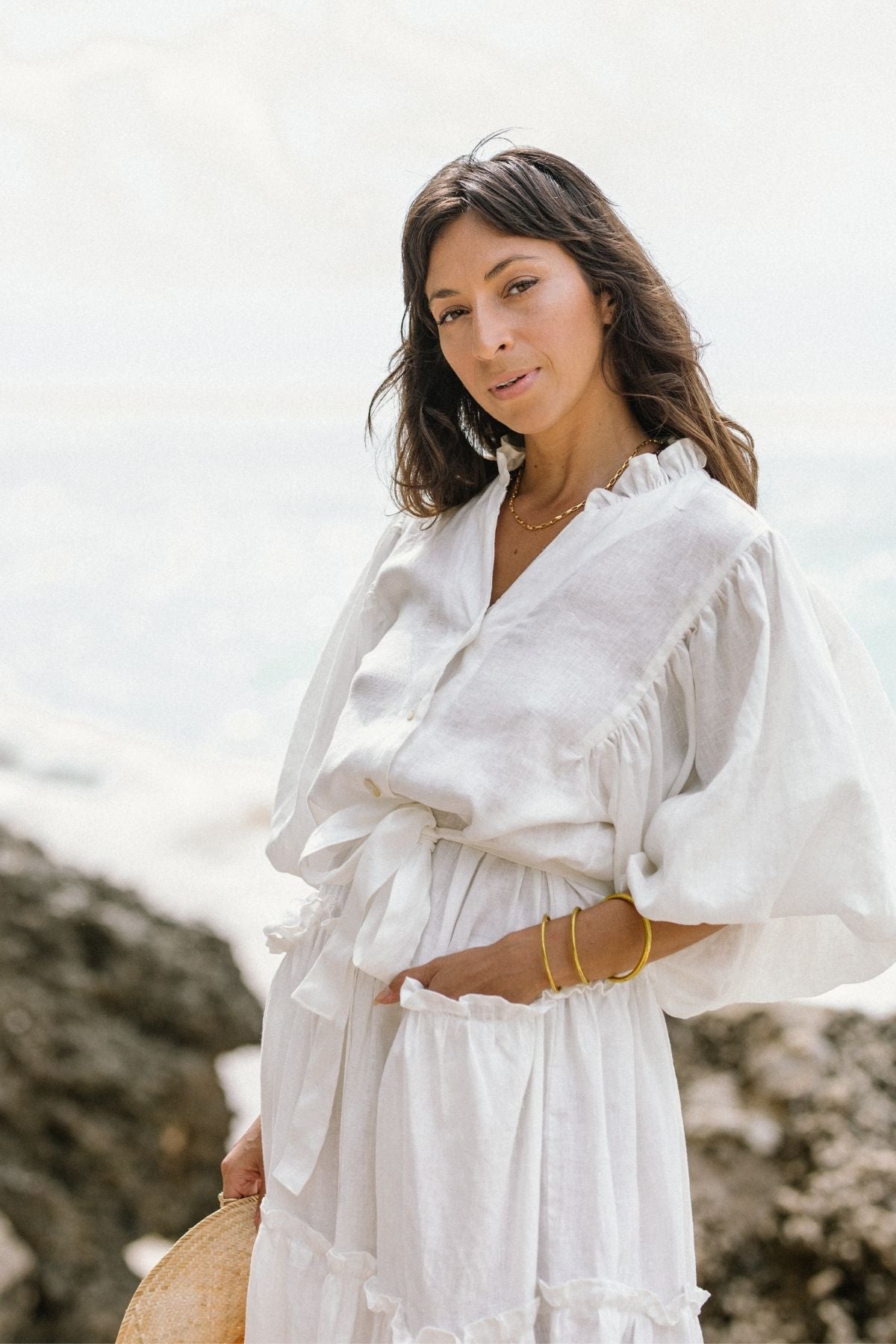 Alternate colourway of the La Dama with collar by Myrah Penaloza in linen, handcrafted in Bali by artisan families.