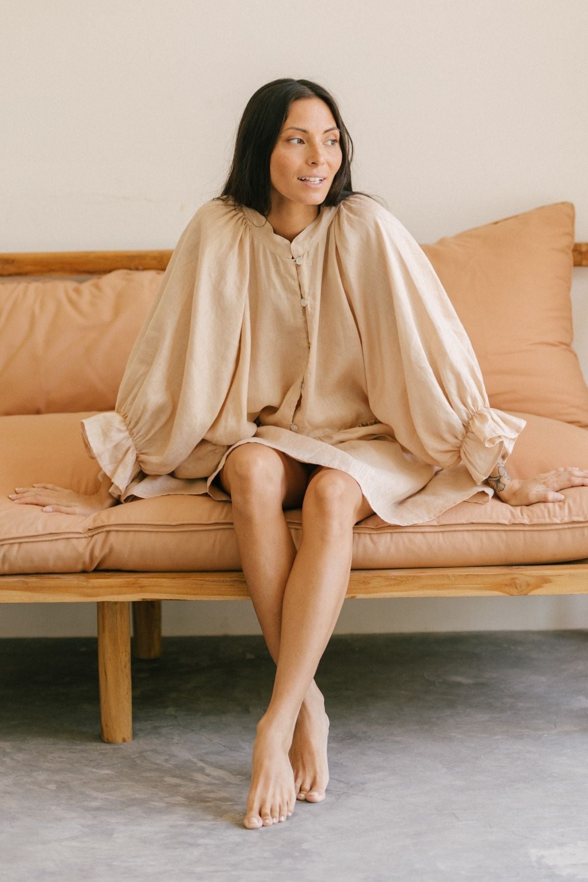 Close fabric detail of the Yema Dress Linen, Clay by Myrah Penaloza in linen, handcrafted in Bali by artisan families.