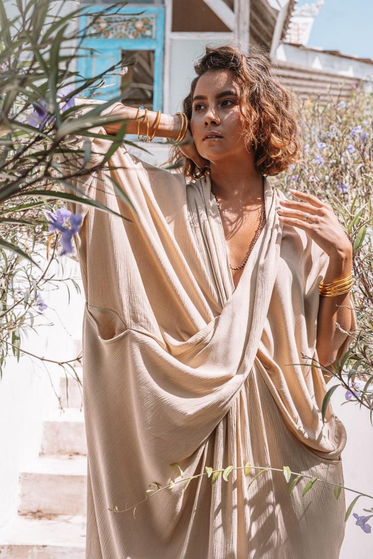 Amma Gown Spring Clay by Myrah Penaloza. Limited edition bamboo rayon criss-cross gown, handcrafted in Bali, fits S/M.