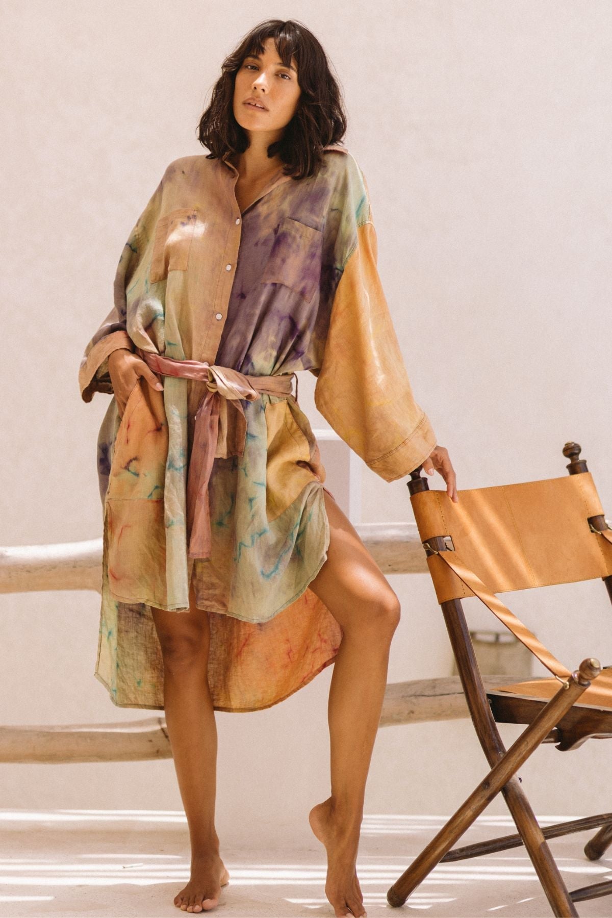 Fall Nidra Duster in botanical dyed French linen, handmade in Bali