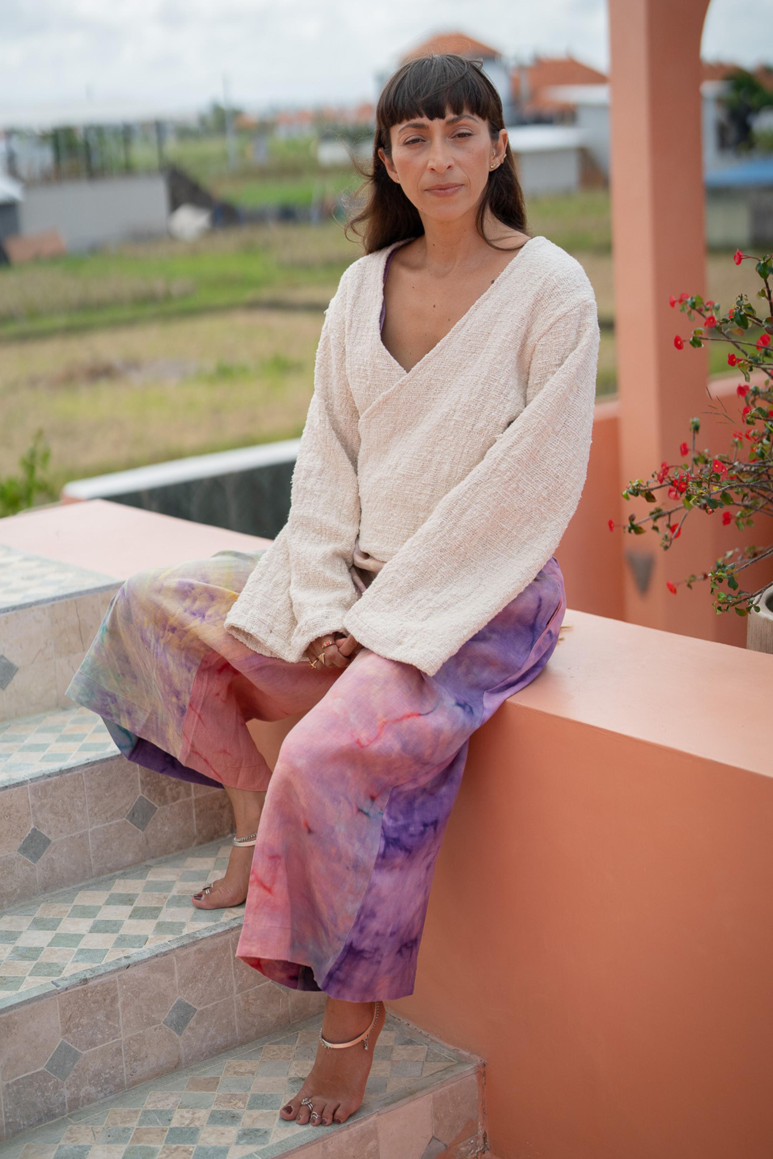 The Cocoon Wrap in hand woven Tumanggal cotton, made by hand in Bali by Myrah Penaloza