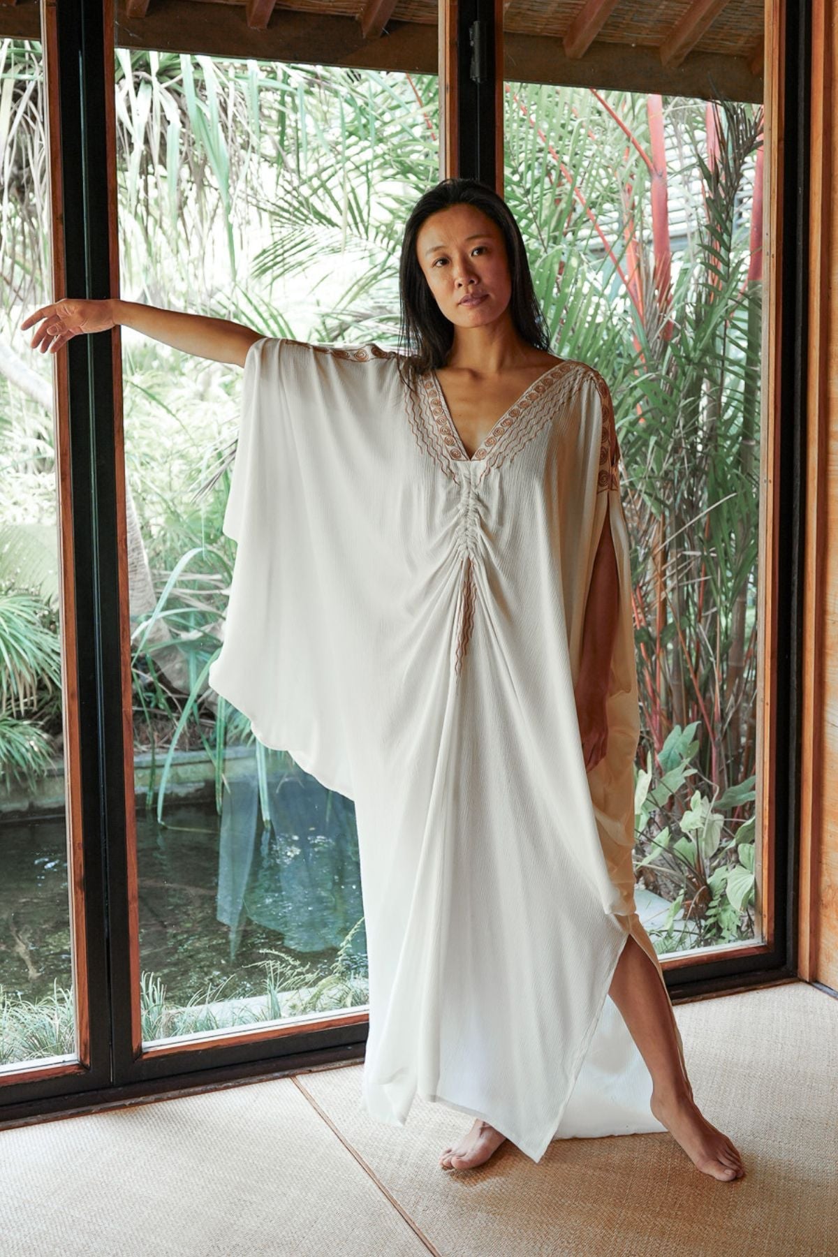 The Oracle Virgo Kaftan in crinkle linen and cotton, hand embroidered in Bali
