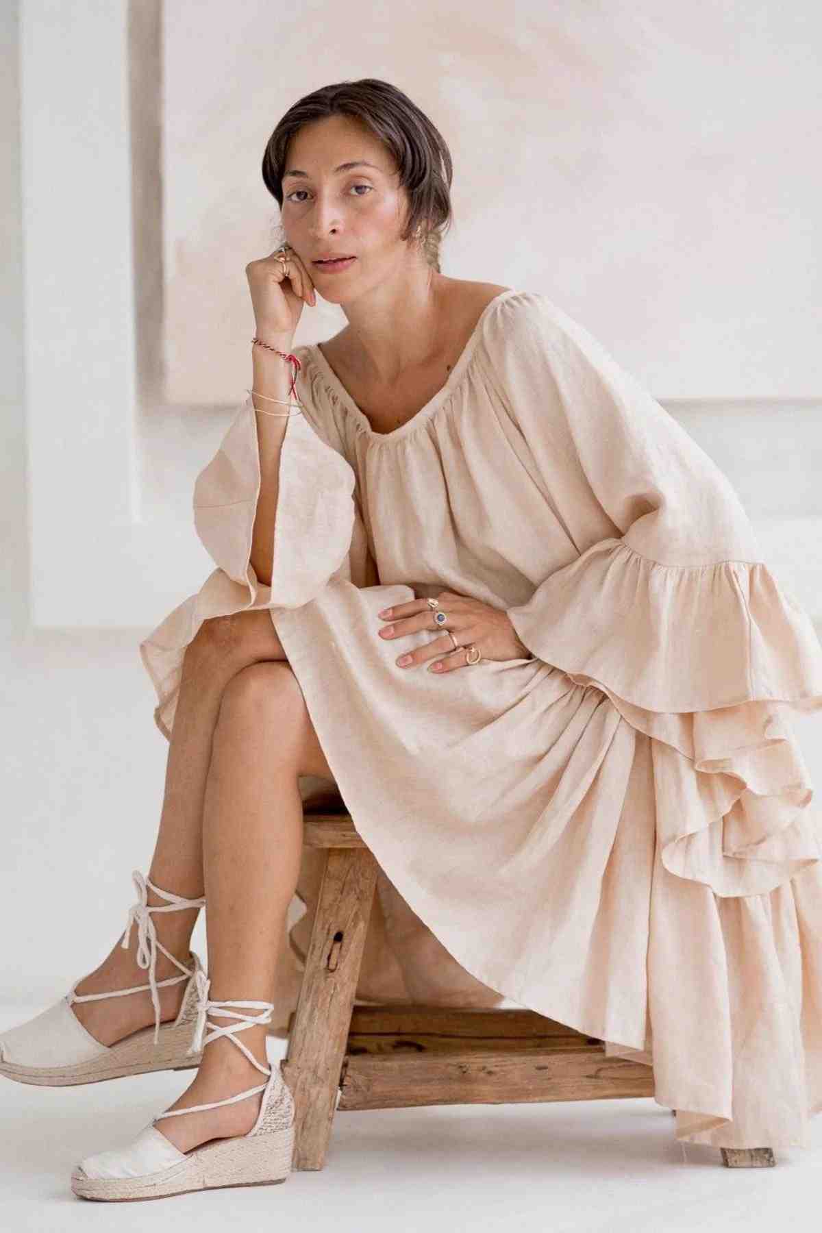 The Brida Gown in light flax linen, made to order in Bali by Myrah Penaloza