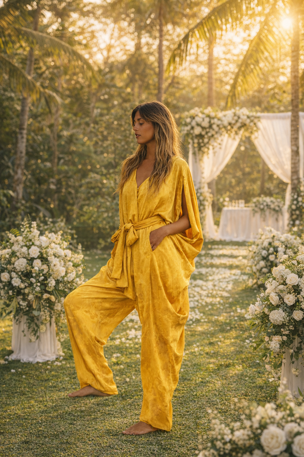 Model wearing the Kuan Yin Silk Playsuit in Turmeric Gold at an outdoor Bali wedding ceremony