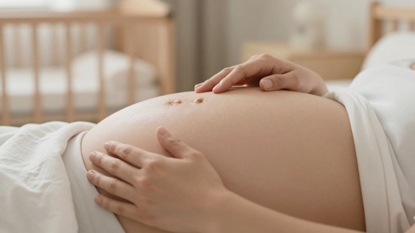 Pregnant woman touching her abdomen with stretch marks.