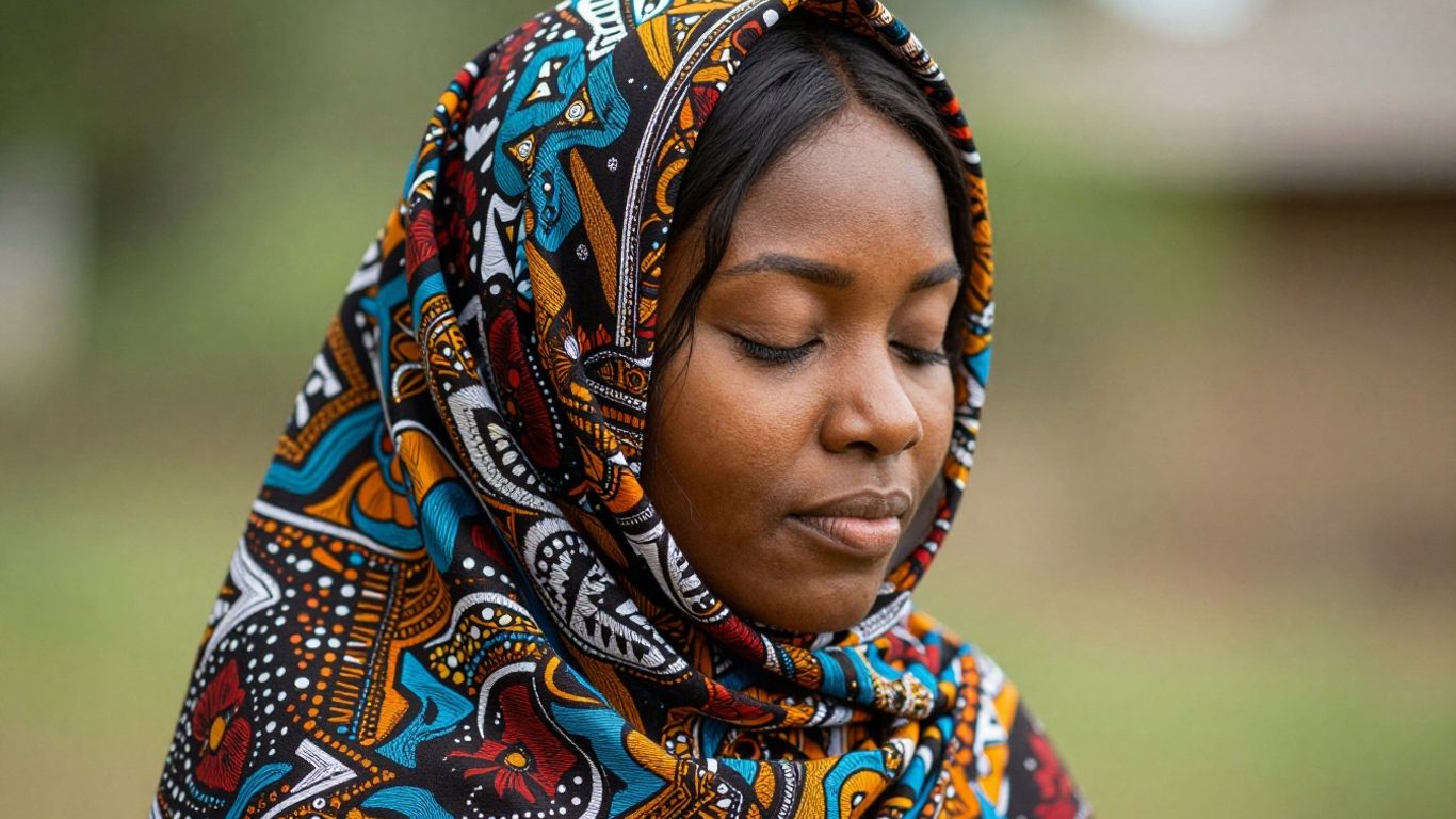 Woman wearing a colorful headwrap for hair growth and yoga.
