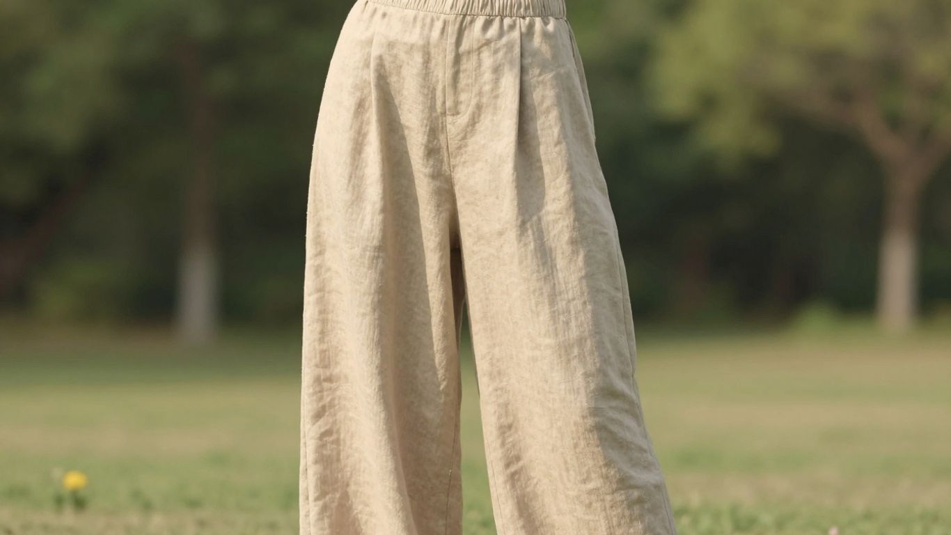 Woman wearing beige linen pull-on pants outdoors.