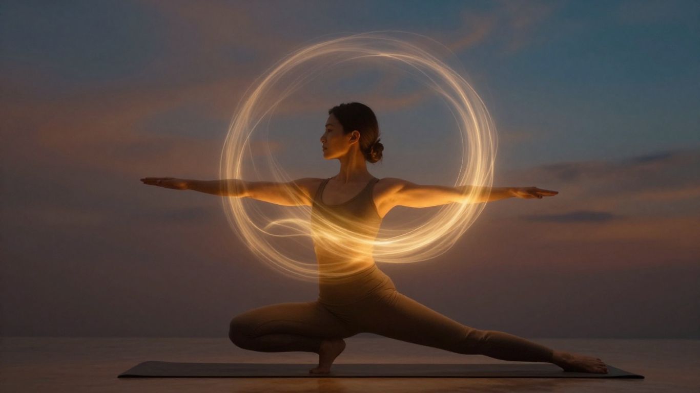 Person practicing yoga with glowing energy.