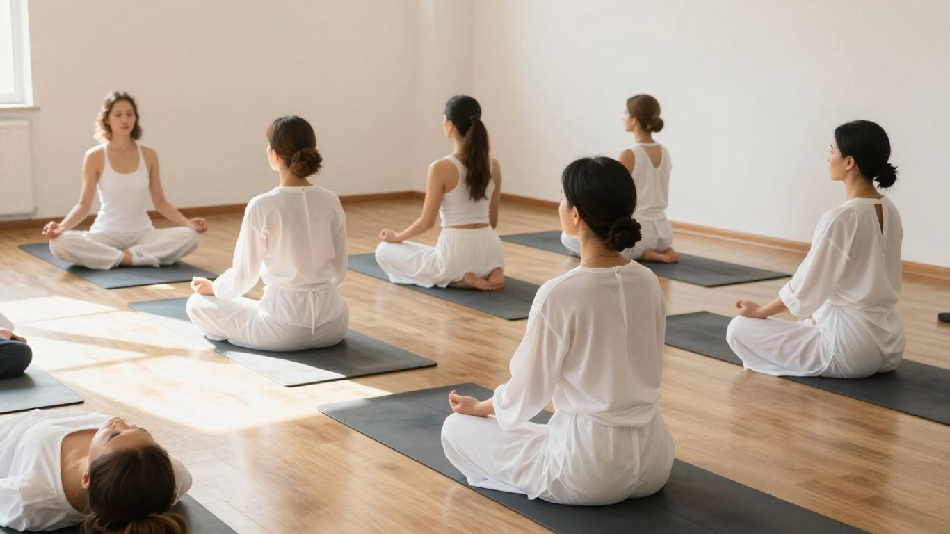 People in white clothing practicing yoga indoors.