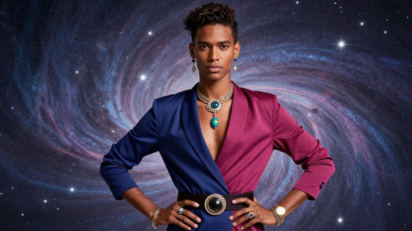Fashionable person with celestial jewelry and cosmic background.