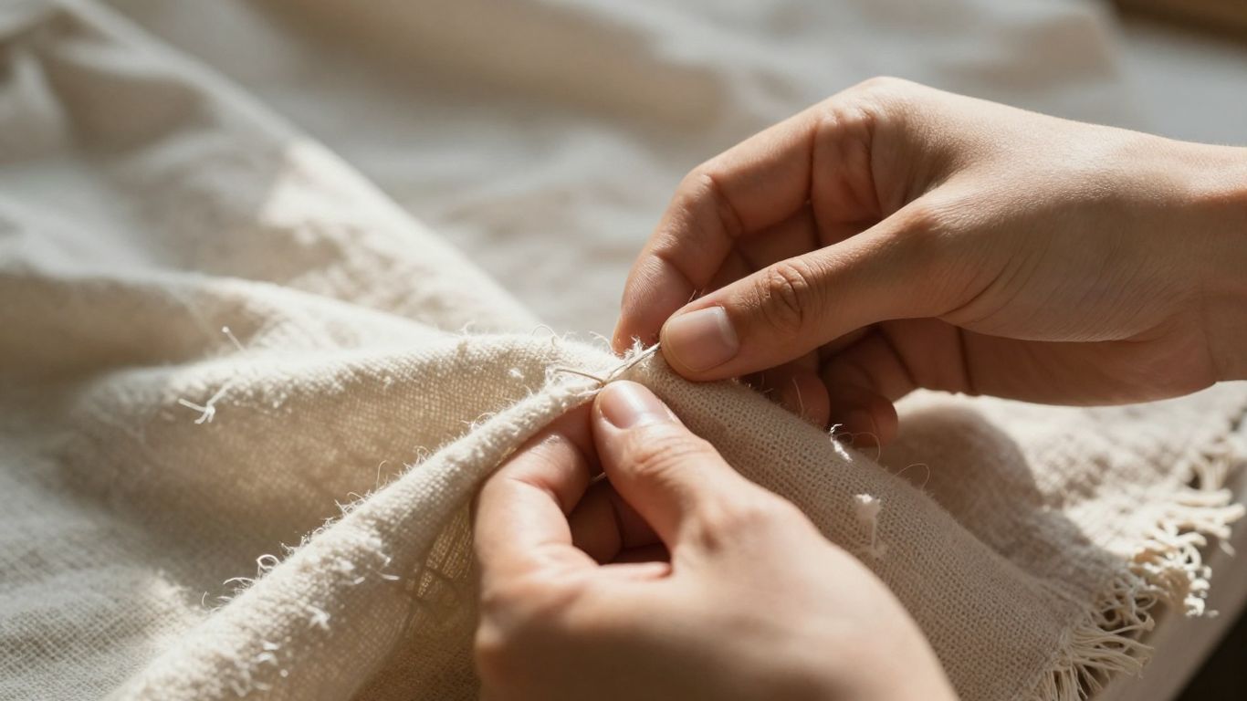 Hands mending a garment, slow fashion concept.