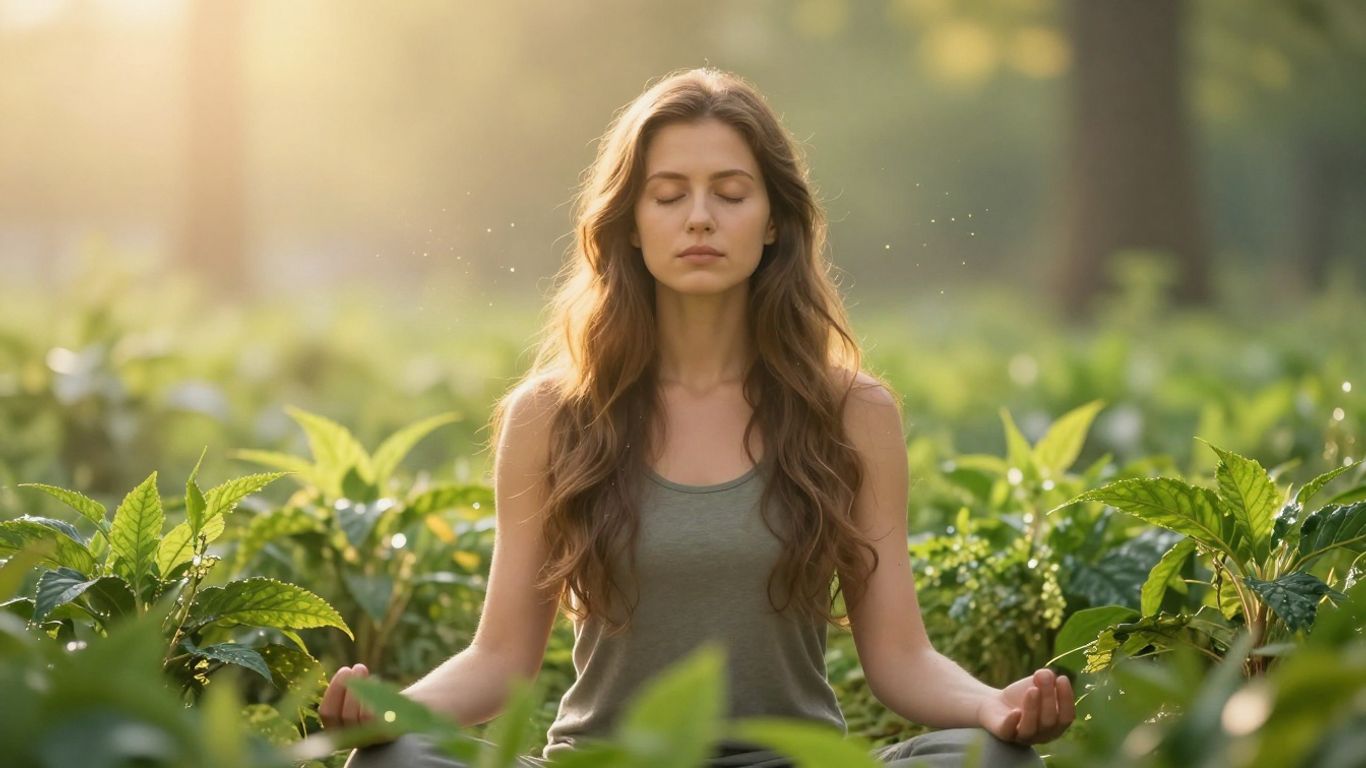 Meditating person bathed in golden light, surrounded by plants.