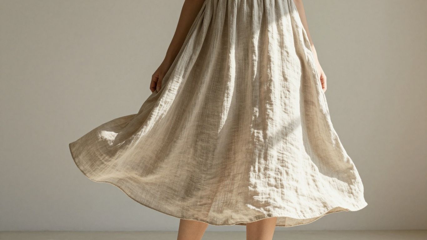 Woman in elegant linen dress, natural tones, sunlit setting.