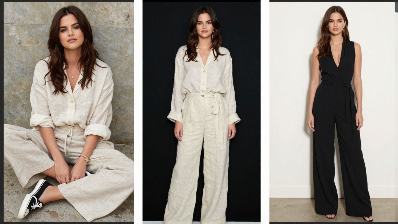 [Selena Gomez] in stylish linen outfits, casual to red carpet.