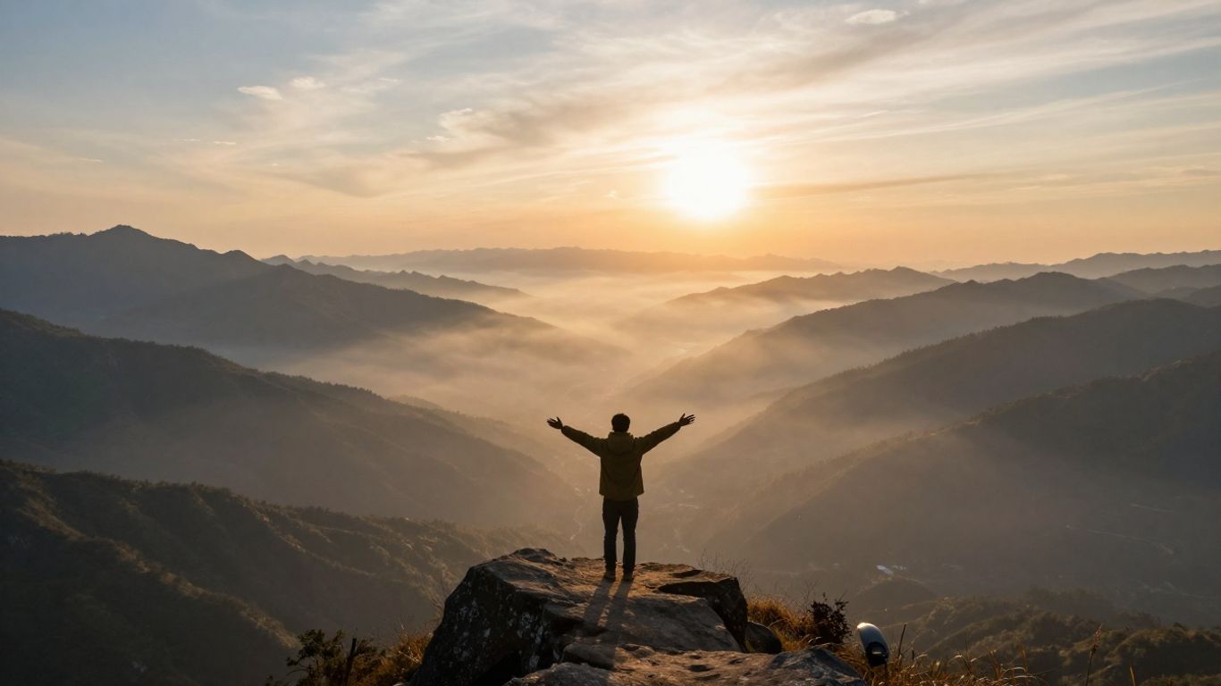 Person on mountaintop embracing freedom and new beginnings.