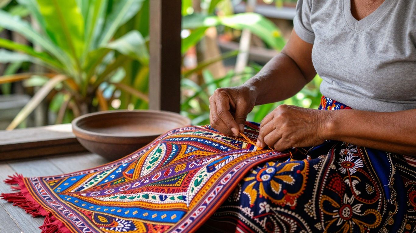 Balinese artisan hand-stitching colorful, unique clothing in Bali.