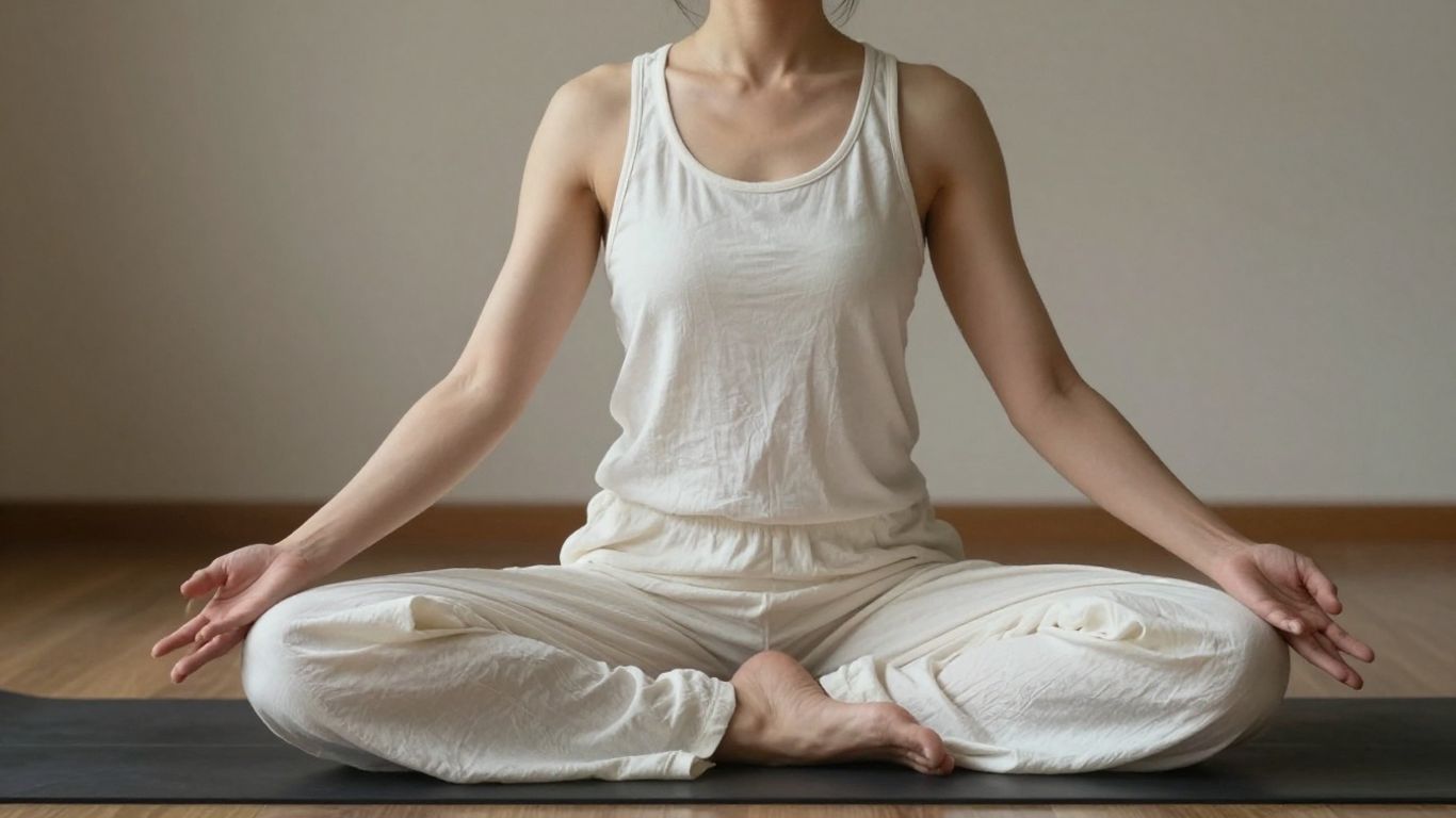 Woman in comfortable Kundalini yoga clothing in a peaceful pose.