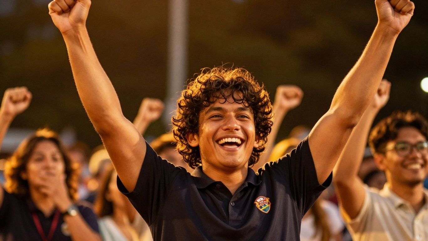 Person celebrating success with arms raised in golden light.